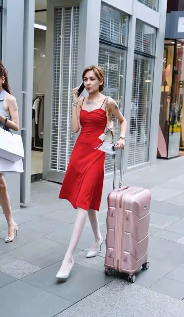 美女一襲紅色弔帶連衣長裙，展示出自己與眾不同的魅力