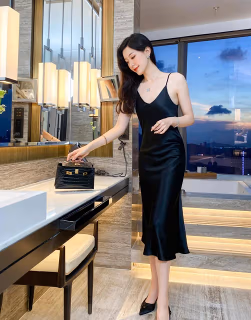 女神穿搭無需複雜，簡約弔帶裙配西裝就很美，單穿小性感恰到好處