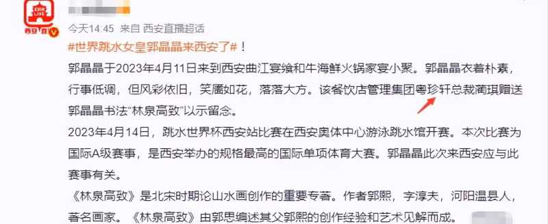 郭晶晶飛抵西安觀跳水世界盃，吃粵菜逛大唐不夜城，1元頭繩矚目