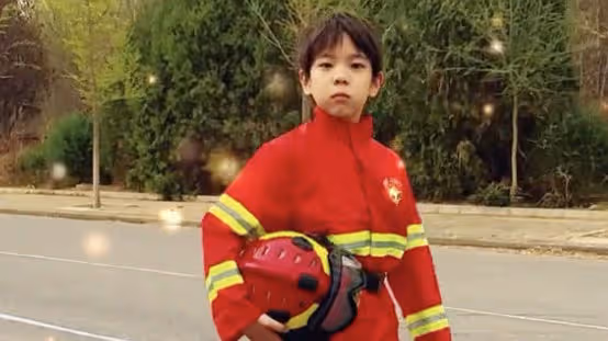霍思燕曬兒子變裝視頻，嗯哼從5歲「穿越」到9歲，穿消防服正氣凜然
