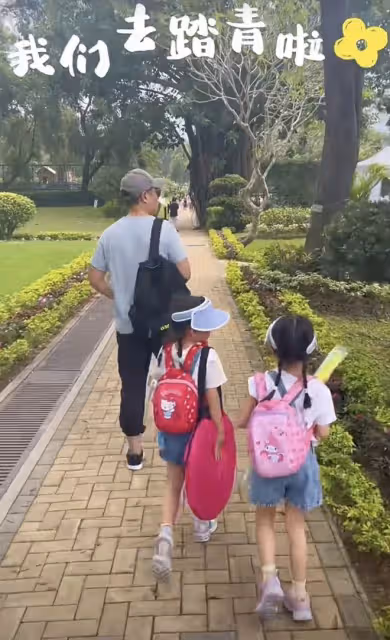 熊黛林曬一家四口踏青，抱怨雙胞胎女兒越來越像爸爸，直呼不划算