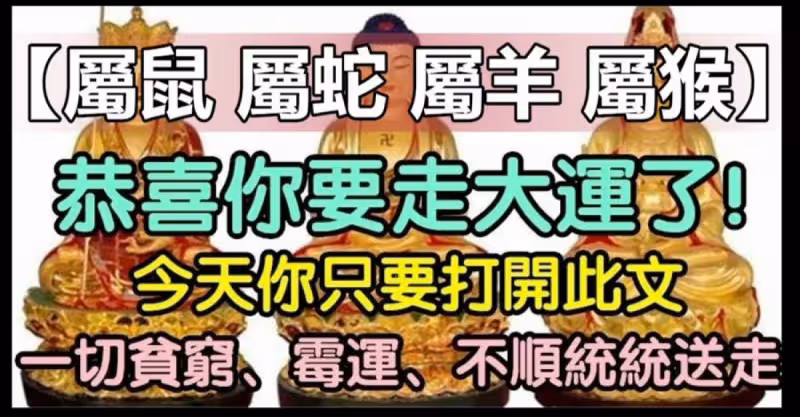 【屬鼠 屬蛇 屬羊 屬猴】恭喜你要走大運了！今天你只要打開此文，一切貧窮、霉運、疾病統統送走！