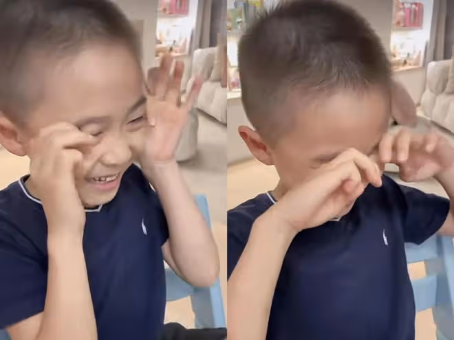 李小鵬為7歲兒子慶生,弟弟五官清秀,11歲奧莉撫摸弟弟溫柔文靜