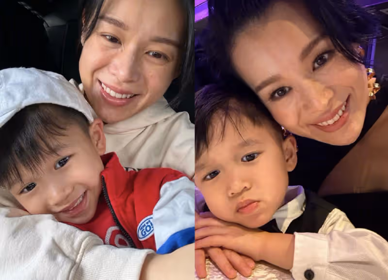 胡杏兒母親節曬母子同框，個個帥氣可愛，2歲幼子給媽媽表演劈叉