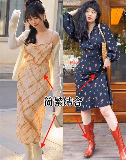 最近火了一種穿搭叫：連衣裙+裸靴，今年春天這麼穿，洋氣又顯瘦
