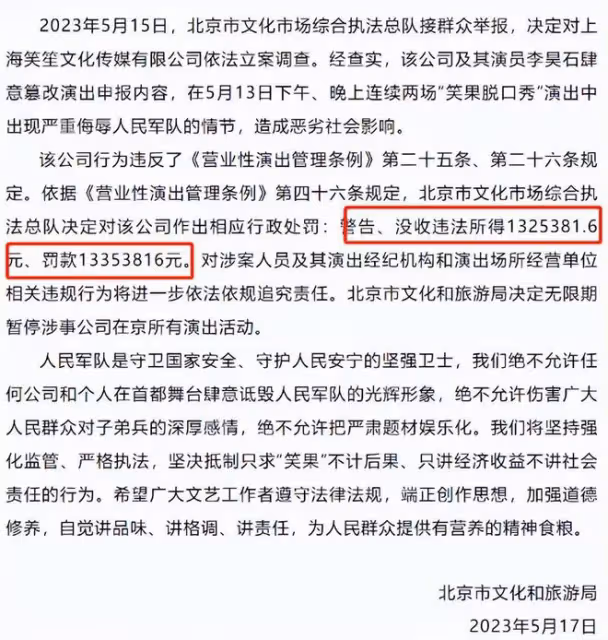 自食惡果!笑果文化被罰1335萬,無限期暫停在京演出,公司回應了