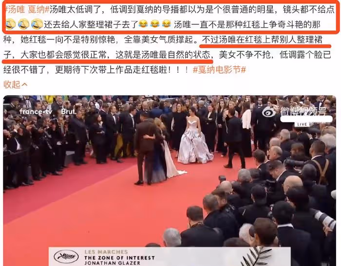 湯唯亮相坎城紅毯，直播無鏡頭特寫遭冷落，為別人整理裙子顯卑微