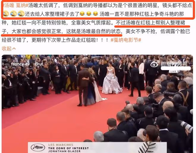 湯唯亮相坎城紅毯，直播無鏡頭特寫遭冷落，為人整理裙子人美心善