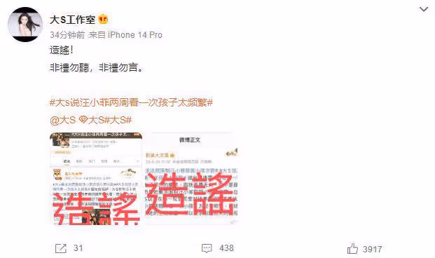 大S再惹爭議,說汪小菲兩周看一次孩子太頻繁,工作室發文闢謠