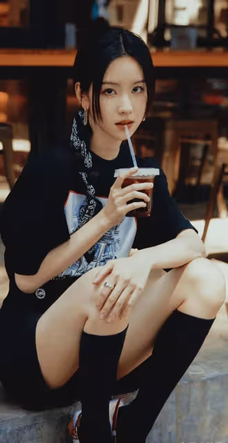 陳都靈黑色甜酷風,T恤短裙長筒襪,美腿吸睛