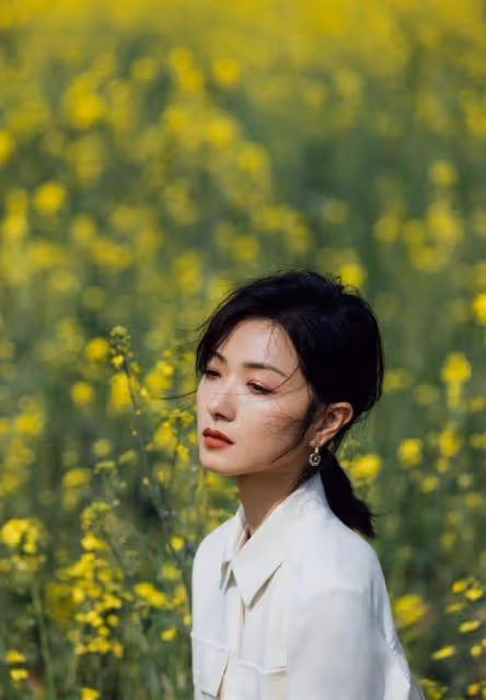 萬茜一身白色套裝清新優雅,油菜花田裡曼妙生姿,盡顯春日美好
