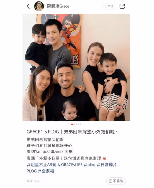 陳凱琳胞弟探望外甥，一家七口同框，大寶三寶像鄭嘉穎二寶像舅舅