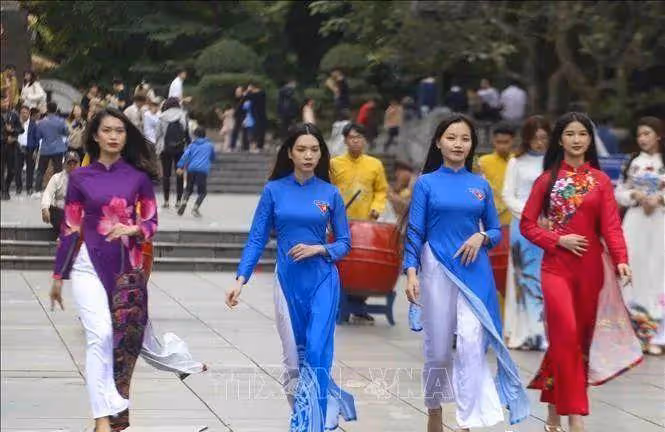 國外河內上百女大學生身穿奧黛 街頭走秀光芒四射