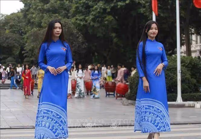 國外河內上百女大學生身穿奧黛 街頭走秀光芒四射