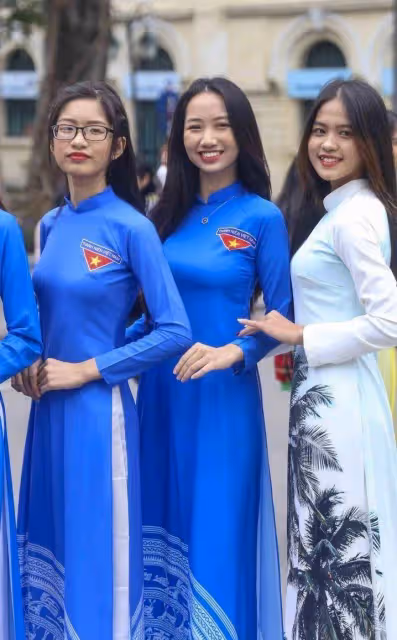 國外河內上百女大學生身穿奧黛 街頭走秀光芒四射