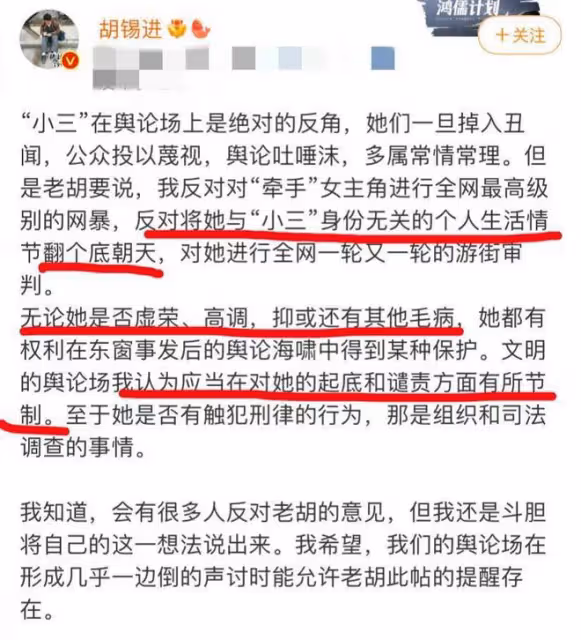 胡錫進說出胡某勇問題所在引熱議,後幫董某槿說話,確實言之有理