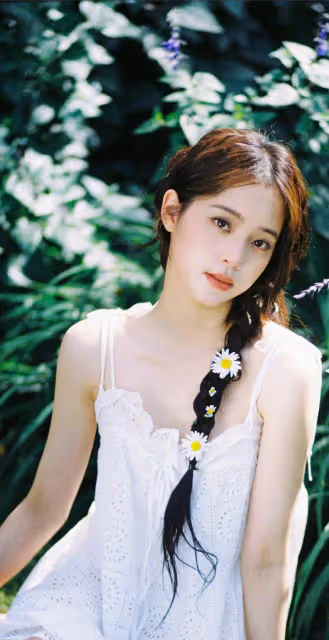 歐陽娜娜私服寫真,麻花辮搭配白色弔帶裙,滿滿的甜美浪漫氣息