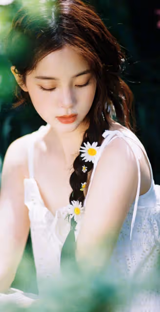 歐陽娜娜私服寫真,麻花辮搭配白色弔帶裙,滿滿的甜美浪漫氣息