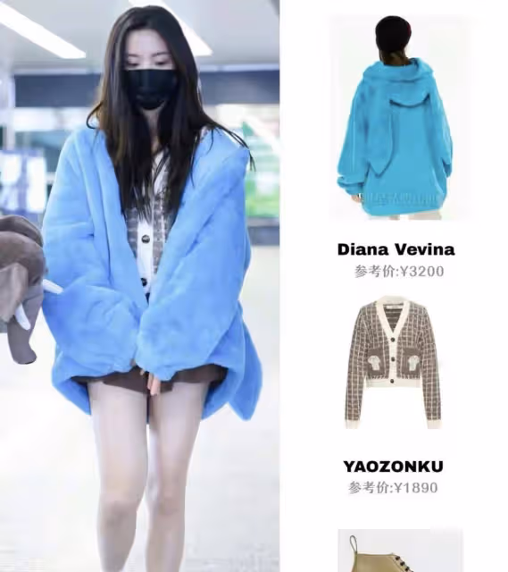 超越妹妹春季私服真驚艷,穿藍色兔耳朵毛絨外套,搭配超短太時髦