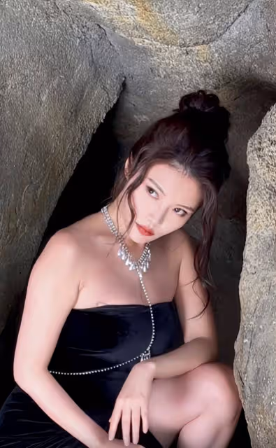 徐冬冬曬山洞時尚照!穿抹身材長裙成豐腴美人,蹲地上大秀身材曲線