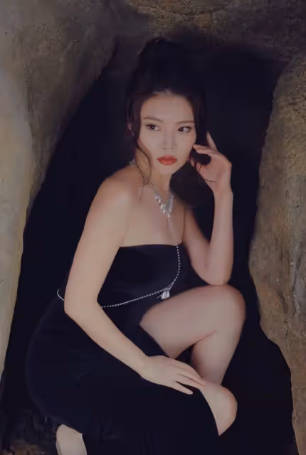 徐冬冬曬山洞時尚照!穿抹身材長裙成豐腴美人,蹲地上大秀身材曲線