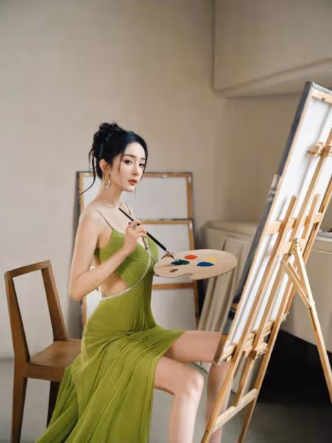 楊冪近照美出新高度,穿弔帶深V裙身材火辣,盤發造型夢回晴川