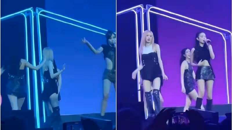 Jennie疑似在舞台上發獃走神，隊友Rosé及時發現拍她，她才驚醒