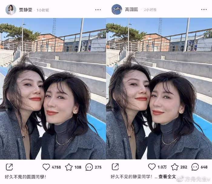 夢回《倚天屠龍記》!48歲賈靜雯43歲高圓圓曬合影,美得像雙胞胎
