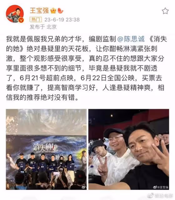 《消失的她》首映,口碑炸裂,王寶強稱其為懸疑天花板