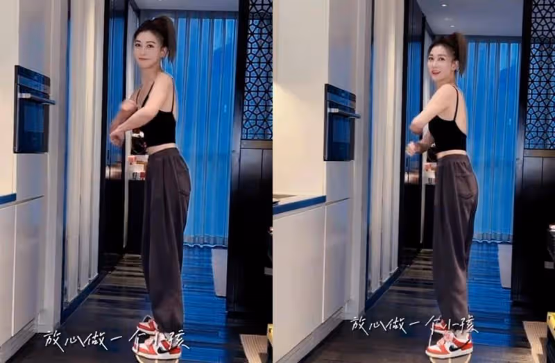 李彩樺豪宅內玩滑板,穿黑色弔帶徹底放開秀身材,沒生過娃就是美