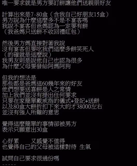 沒婚紗也不宴客，新娘只求80盒喜餅「被婆婆當眾數落」：還有臉要，未婚夫躲一邊說風涼話「讓她一秒悔婚」