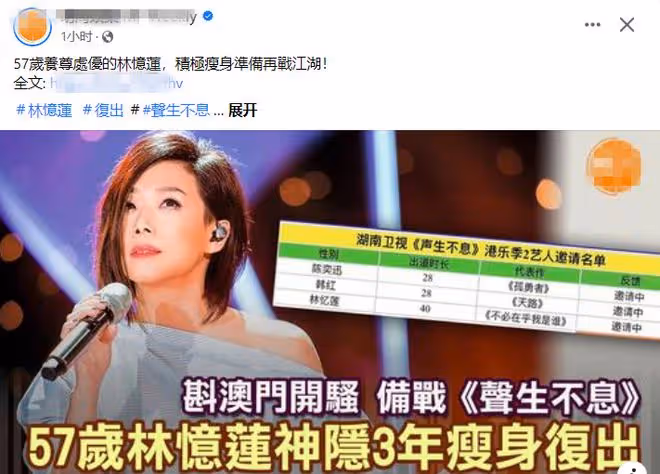 林憶蓮被曝從日本回國復出!淡出3年國外陪家人,將參加內地綜藝