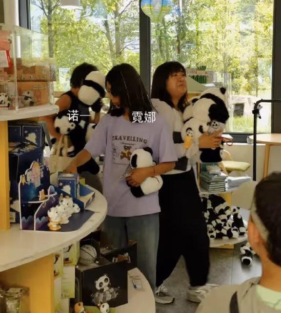 劉燁兒女熊貓基地被偶遇,兄妹倆和老外交流,諾一背帆布包好樸實