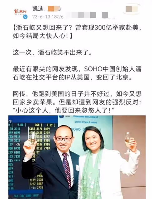 潘石屹:被曝已經低調回國,手滑點贊大S八卦,開始出售國內資產