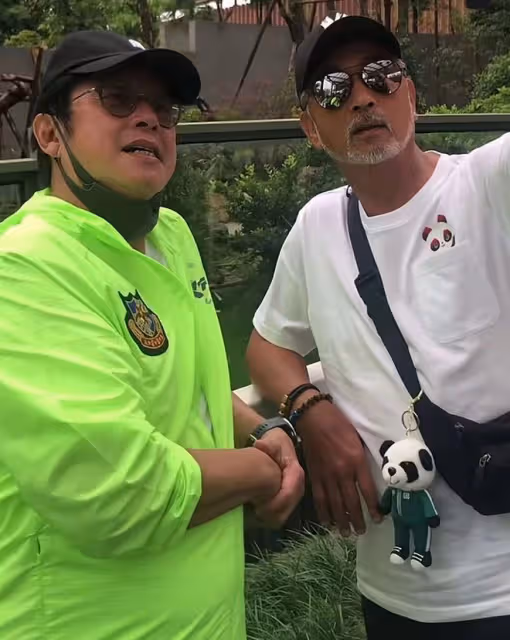 一眾港星四川吃大餐看熊貓,黃日華被排隊求合影,來者不拒無架子