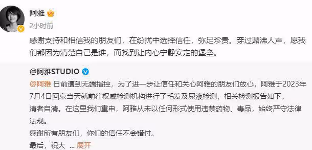 阿雅曬毛髮及尿液檢測報告,再次否認吸毒,網友:壓力給到大小S