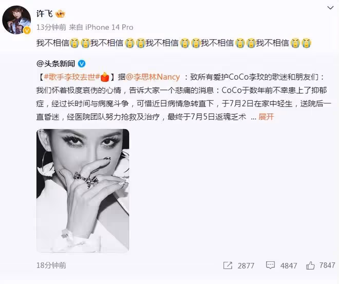 心痛!48歲李玟因抑鬱症輕生去世,孫紅雷鄧紫棋熊黛林等發文痛悼