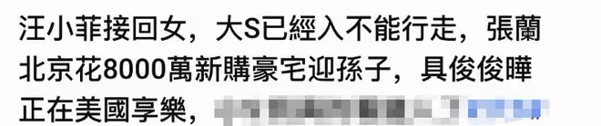 曝汪小菲接兒女回8000W豪宅!大S半身不遂住院,具俊曄赴美拒照料