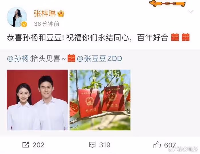 孫楊和張豆豆官宣結婚,郎才女貌去年就被曝領證,張梓琳送祝福
