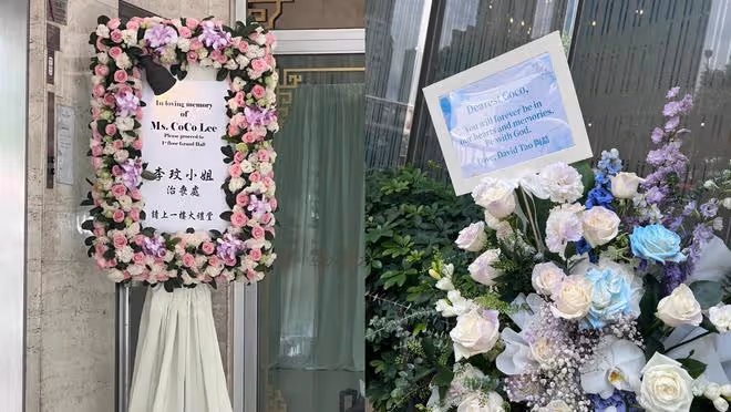李玟告別式靈堂外景曝光,9位好友致悼詞,粉色花牌擺在大門口