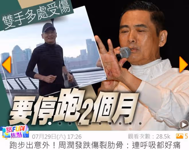 周潤髮帶傷運動引擔憂！68歲面容疲憊顯憔悴，上月跑步摔傷肋骨