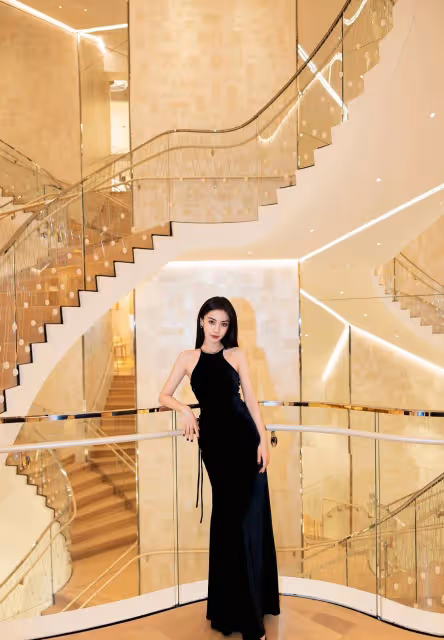 Angelababy黑色掛脖露腰長裙高貴優雅!