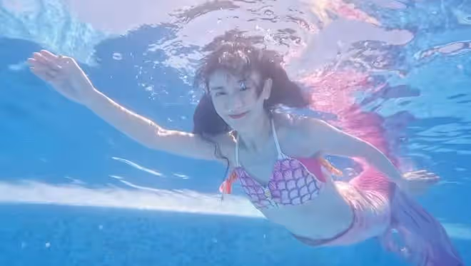 42歲謝娜曬美人魚造型,水下比心秀辣媽身材,生三個孩子無妊娠紋