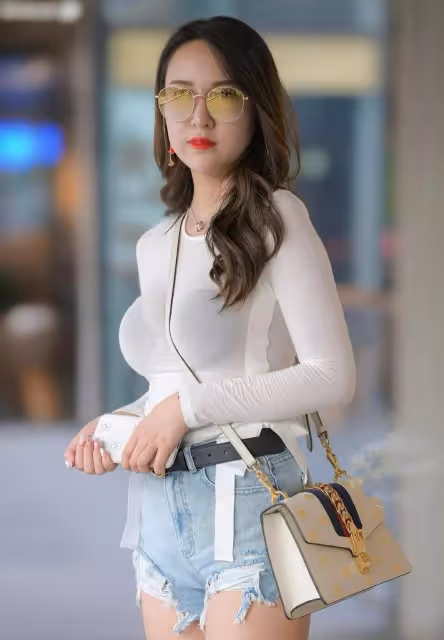 俏皮的女神,白色緊身上衣和牛仔褲