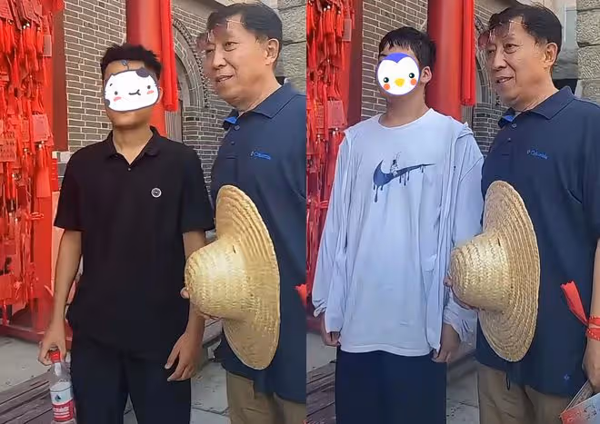 老戲骨韓童生山東旅遊,山上大口吃西瓜解暑,拍照來者不拒無架子
