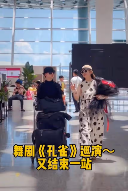 小彩旗陪楊麗萍回老家！跟一旁推大包行李，身材豐腴大變樣似男孩