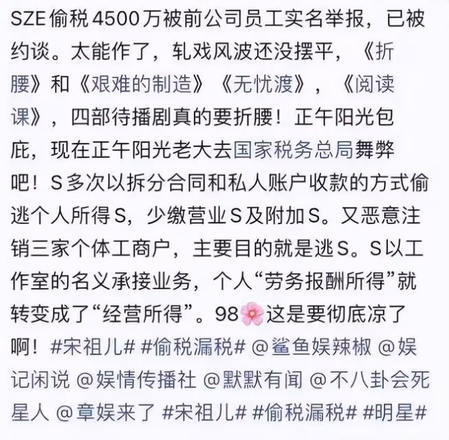 宋祖兒被實名舉報偷漏稅4500萬,多家公司已註銷,工作室暫無回應