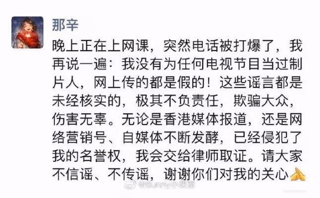 那英姐姐那辛否認在香港被捕:沒去過香港,也沒當過節目製片人
