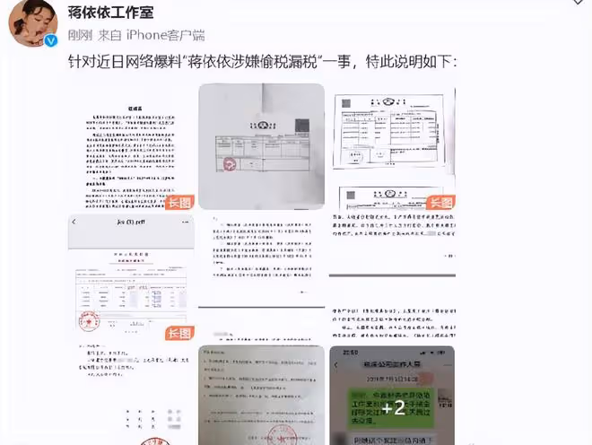 蔣依依工作室回應偷漏稅,曬多張交稅證明清白,否認存在僥倖心理