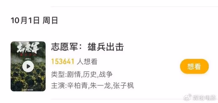國慶檔十一部電影上映,《志願軍》呼聲最高,押寶三大流量
